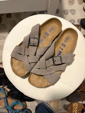Birkenstock Taupe Braided Buckle Slide Sandals